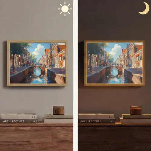 Stad - Gracht - Zon - Fietsen Light Box met batterij (Wandlamp) middel -sfeer3