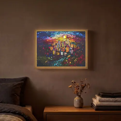 Stad - Maan - Mozaïek - Kleurrijk Light Box met batterij (Wandlamp) middel -sfeer4