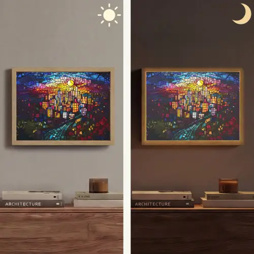 Stad - Maan - Mozaïek - Kleurrijk Light Box met batterij (Wandlamp) middel -sfeer3