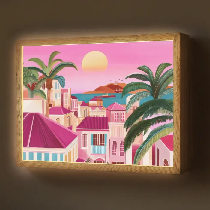 Stad - Roze - Palmbomen Light Box met batterij (Wandlamp) middel -z3d_website