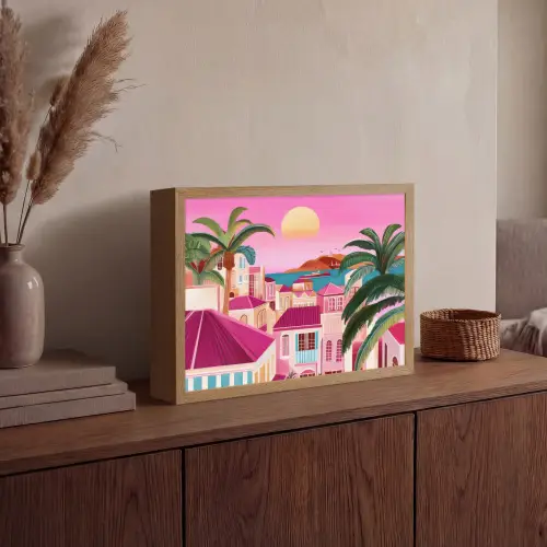 Stad - Roze - Palmbomen Light Box met batterij (Wandlamp) middel -sfeer2