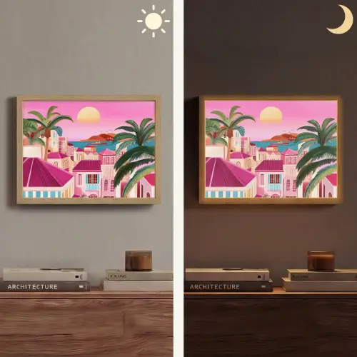 Stad - Roze - Palmbomen Light Box met batterij (Wandlamp) middel -sfeer3