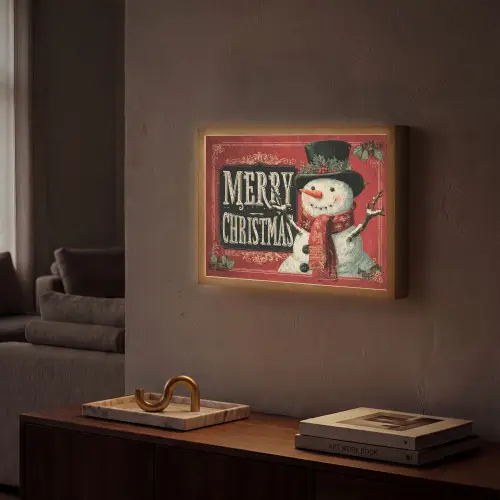 Klassiek - Kerstgroet - Sneeuwpop - Rood Light Box met batterij (Wandlamp) middel -sfeer1