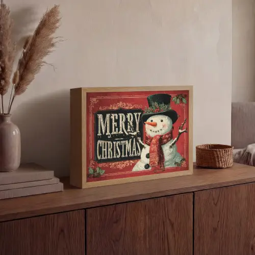 Klassiek - Kerstgroet - Sneeuwpop - Rood Light Box met batterij (Wandlamp) middel -sfeer2