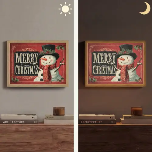 Klassiek - Kerstgroet - Sneeuwpop - Rood Light Box met batterij (Wandlamp) middel -sfeer3