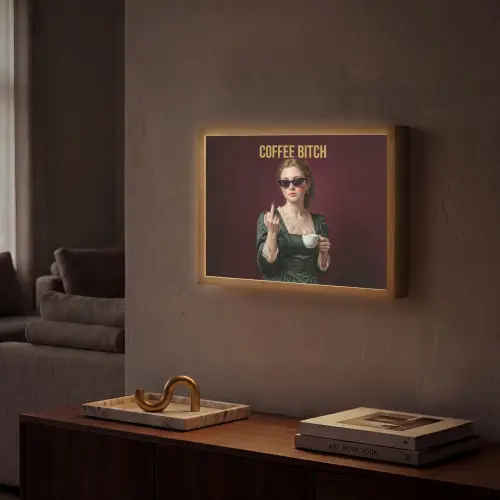 Koffie - Vrouw - Middelvinger Light Box met batterij (Wandlamp) middel -sfeer1