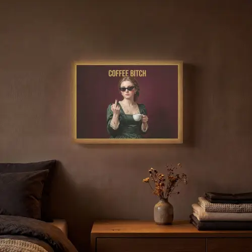 Koffie - Vrouw - Middelvinger Light Box met batterij (Wandlamp) middel -sfeer4