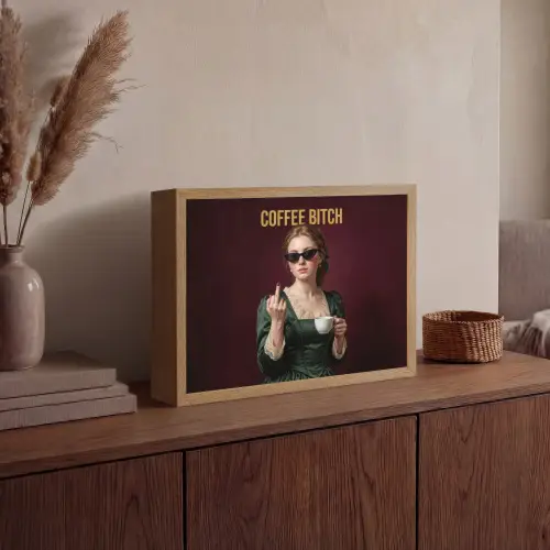 Koffie - Vrouw - Middelvinger Light Box met batterij (Wandlamp) middel -sfeer2