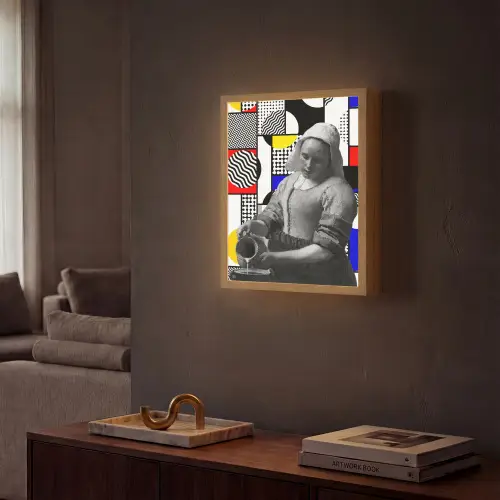 Collage - Mondriaan - Melkmeisje Light Box met batterij (Wandlamp) middel -sfeer1