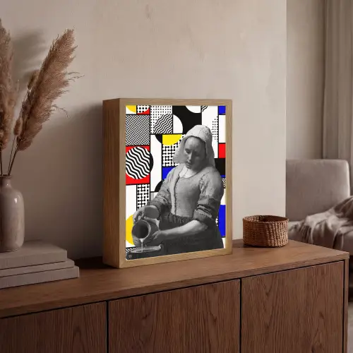 Collage - Mondriaan - Melkmeisje Light Box met batterij (Wandlamp) middel -sfeer2
