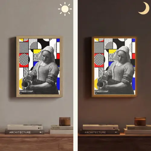 Collage - Mondriaan - Melkmeisje Light Box met batterij (Wandlamp) middel -sfeer3
