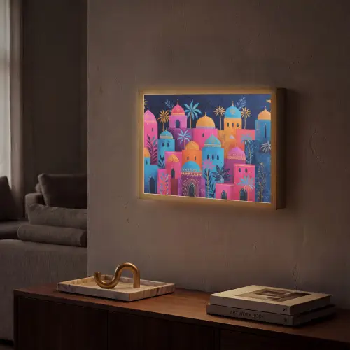 Kleurrijke gebouwen - Avondlicht - Islamitisch Light Box met batterij (Wandlamp) middel -sfeer1