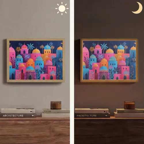 Kleurrijke gebouwen - Avondlicht - Islamitisch Light Box met batterij (Wandlamp) middel -sfeer3