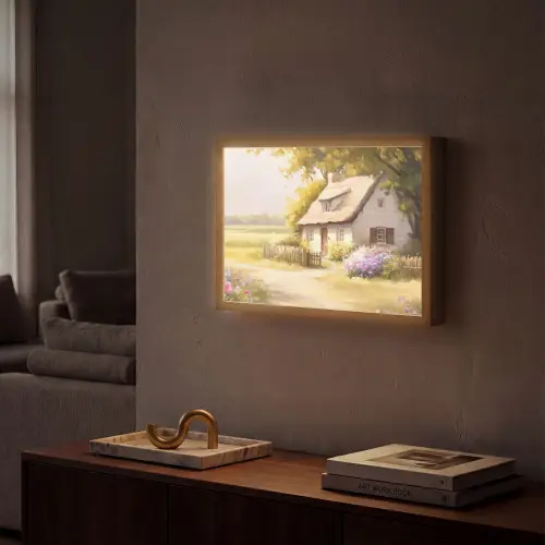 Huisje - Hout - Bloemen Light Box met batterij (Wandlamp) middel -sfeer1