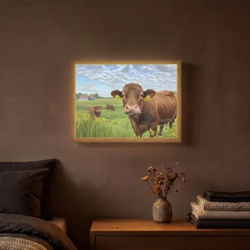 Koe - Weide - Bloemen Light Box met batterij (Wandlamp) middel -sfeer4