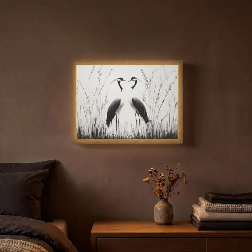 Kraanvogels - Gras - Hartvorm - Zwart Light Box met batterij (Wandlamp) middel -sfeer4
