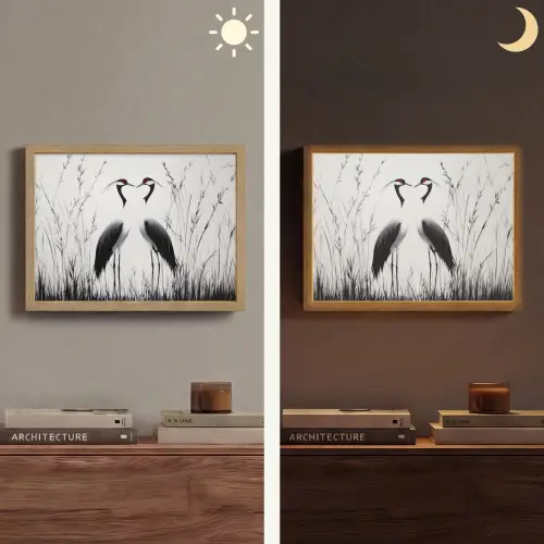 Kraanvogels - Gras - Hartvorm - Zwart Light Box met batterij (Wandlamp) middel -sfeer3