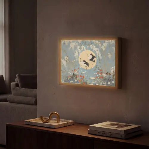 Kraanvogels - Maan - Bloemen - Blauw Light Box met batterij (Wandlamp) middel -sfeer1