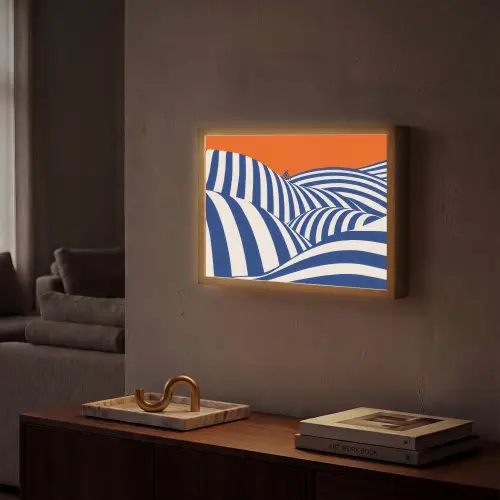 Fietser - Heuvels - Strepen - Blauw Light Box met batterij (Wandlamp) middel -sfeer1