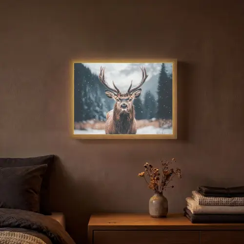 Hert - Dieren - Landschap - Winter - Sneeuw Light Box met batterij (Wandlamp) middel -sfeer4