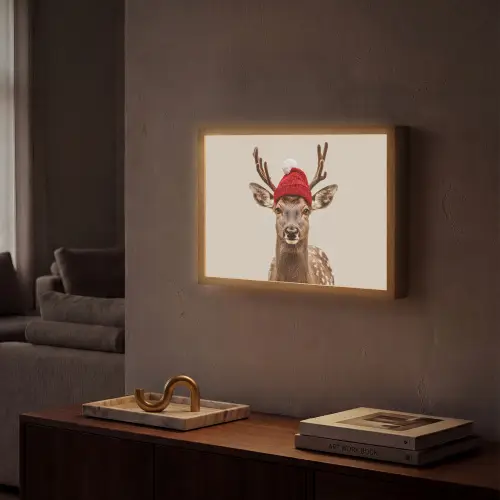 Hert - Kerst - Muts - Dieren - Winter - Grappig Light Box met batterij (Wandlamp) middel -sfeer1
