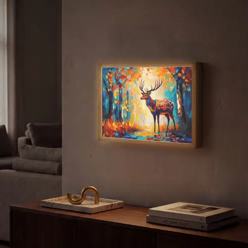 Hert - Bosdieren - Natuur - Kunst Light Box met batterij (Wandlamp) middel -sfeer1