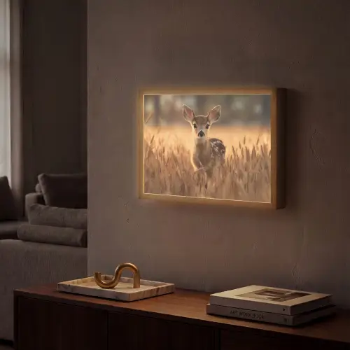 Hert - Graanveld - Bruin Light Box met batterij (Wandlamp) middel -sfeer1