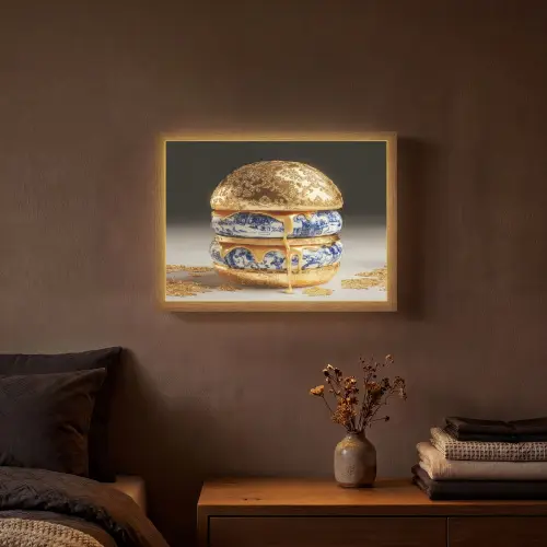 Delftsblauw - Goud - Burger Light Box met batterij (Wandlamp) middel -sfeer4