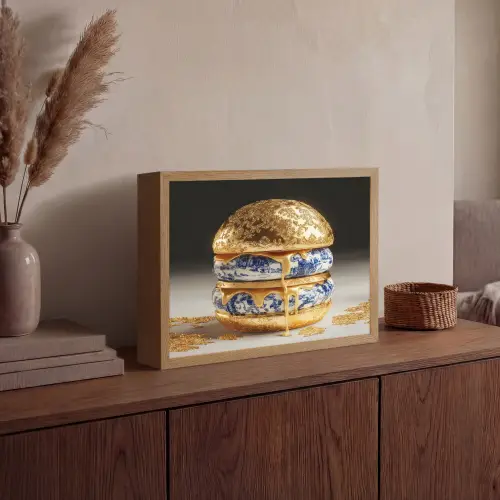 Delftsblauw - Goud - Burger Light Box met batterij (Wandlamp) middel -sfeer2