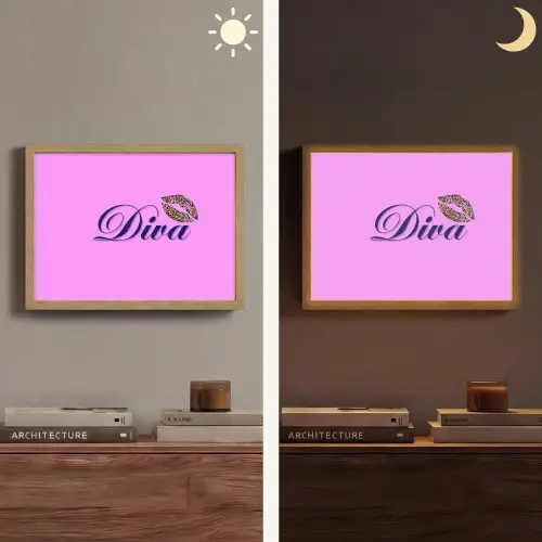 Diva - Lip - Panterprint - Roze Light Box met batterij (Wandlamp) middel -sfeer3