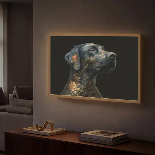 Hond - Zwart - Bloemen Light Box met batterij (Wandlamp) middel -sfeer1