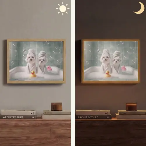 Hondjes - Badkuip - Badeendjes - Handdoeken Light Box met batterij (Wandlamp) middel -sfeer3