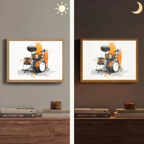 Drumstel - Oranje - Zwart - Aquarelverf Light Box met batterij (Wandlamp) middel -sfeer3
