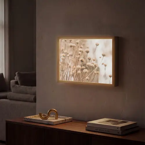 Droogbloemen - Beige - Bloemen - Natuur Light Box met batterij (Wandlamp) middel -sfeer1