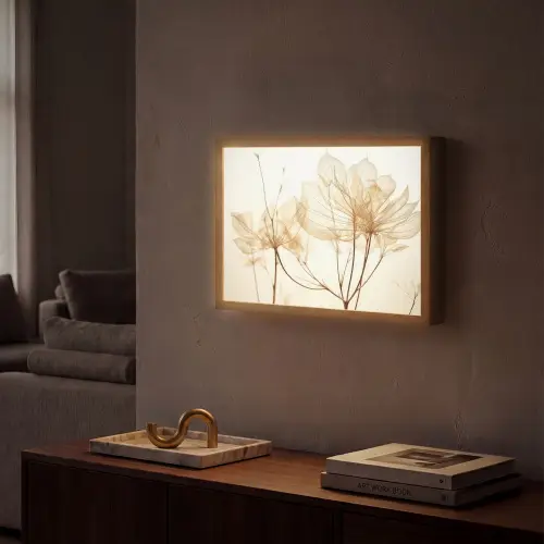 Droogbloemen - Beige - Planten - Wit Light Box met batterij (Wandlamp) middel -sfeer1
