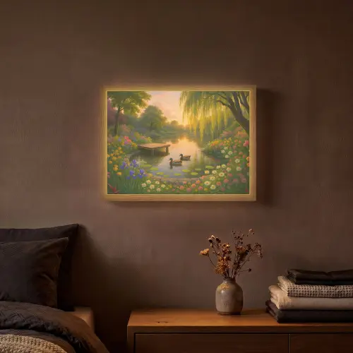 Eenden - Vijver - Bloemen Light Box met batterij (Wandlamp) middel -sfeer4