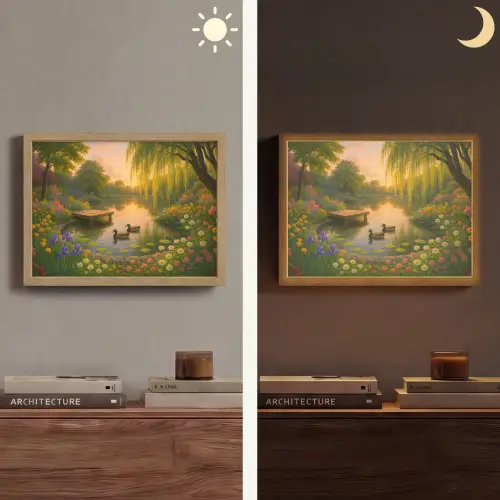 Eenden - Vijver - Bloemen Light Box met batterij (Wandlamp) middel -sfeer3