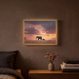 Olifanten - Grasland - Zonsondergang Light Box met batterij (Wandlamp) middel -sfeer4