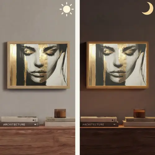 Ogen - Gezicht - Goud - Strepen Light Box met batterij (Wandlamp) middel -sfeer3