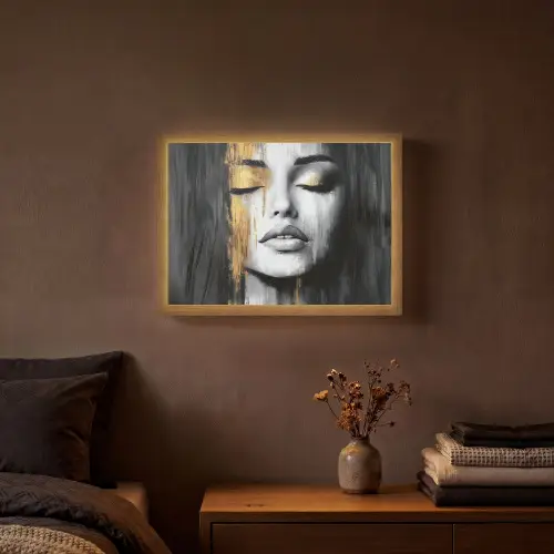 Gezicht - Vrouw - Penseelstreken - Abstract Light Box met batterij (Wandlamp) middel -sfeer4