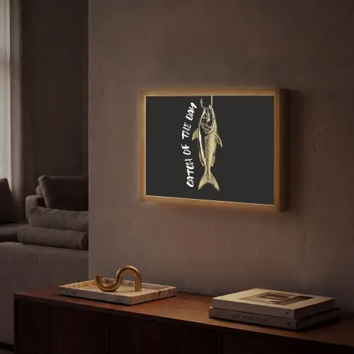 Vis - Zwart - Goud - Tekst Light Box met batterij (Wandlamp) middel -sfeer1
