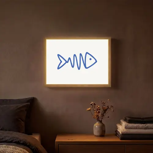 Vis - Minimalistisch - Blauw - Lijn Light Box met batterij (Wandlamp) middel -sfeer4