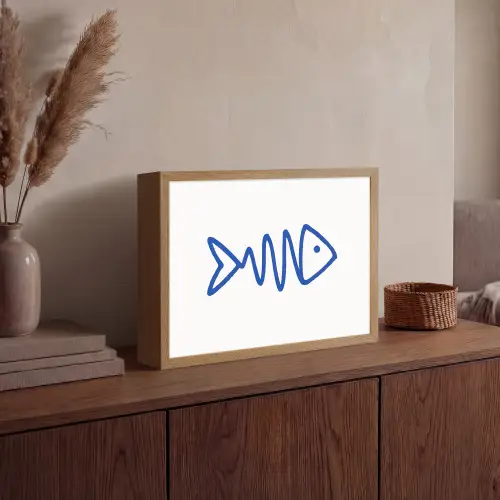 Vis - Minimalistisch - Blauw - Lijn Light Box met batterij (Wandlamp) middel -sfeer2