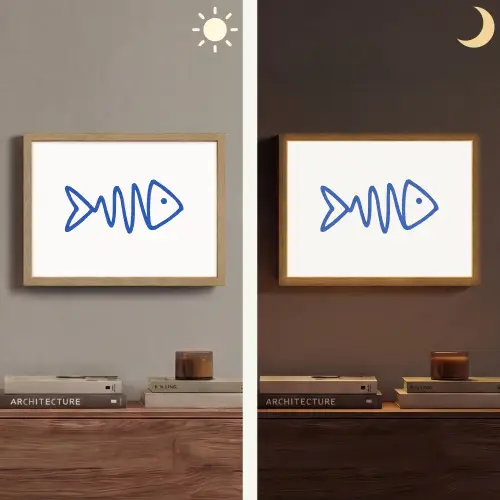 Vis - Minimalistisch - Blauw - Lijn Light Box met batterij (Wandlamp) middel -sfeer3