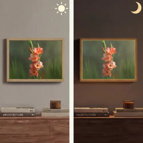 Bloem - Gladiolen - Zalmroze Light Box met batterij (Wandlamp) middel -sfeer3