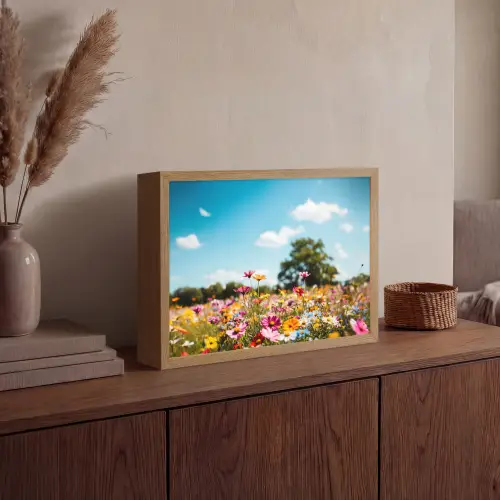 Bloemenweide - Blauw - Lucht - Kleuren Light Box met batterij (Wandlamp) middel -sfeer2