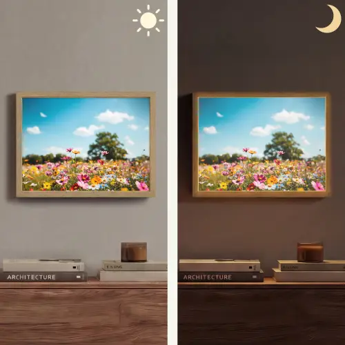 Bloemenweide - Blauw - Lucht - Kleuren Light Box met batterij (Wandlamp) middel -sfeer3