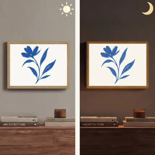 Bloem - Blaadjes - Minimalistisch - Blauw Light Box met batterij (Wandlamp) middel -sfeer3