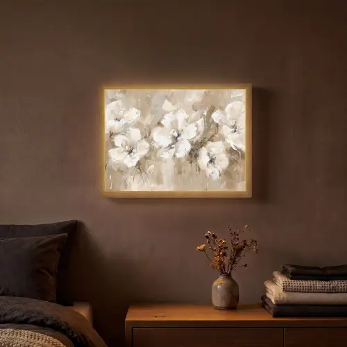 Bloemen - Beige - Abstract - Modern Light Box met batterij (Wandlamp) middel -sfeer4