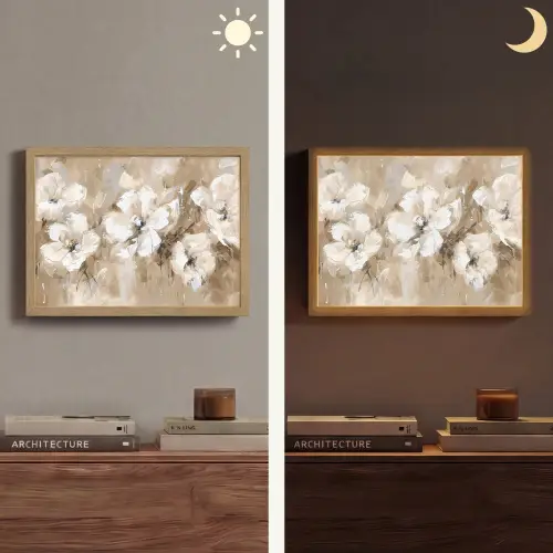 Bloemen - Beige - Abstract - Modern Light Box met batterij (Wandlamp) middel -sfeer3
